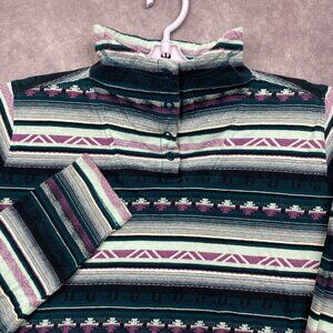 Woolrich Women L Aztec Stripe Snap Mock Neck Pullover Long Sleeve Henley Shirt